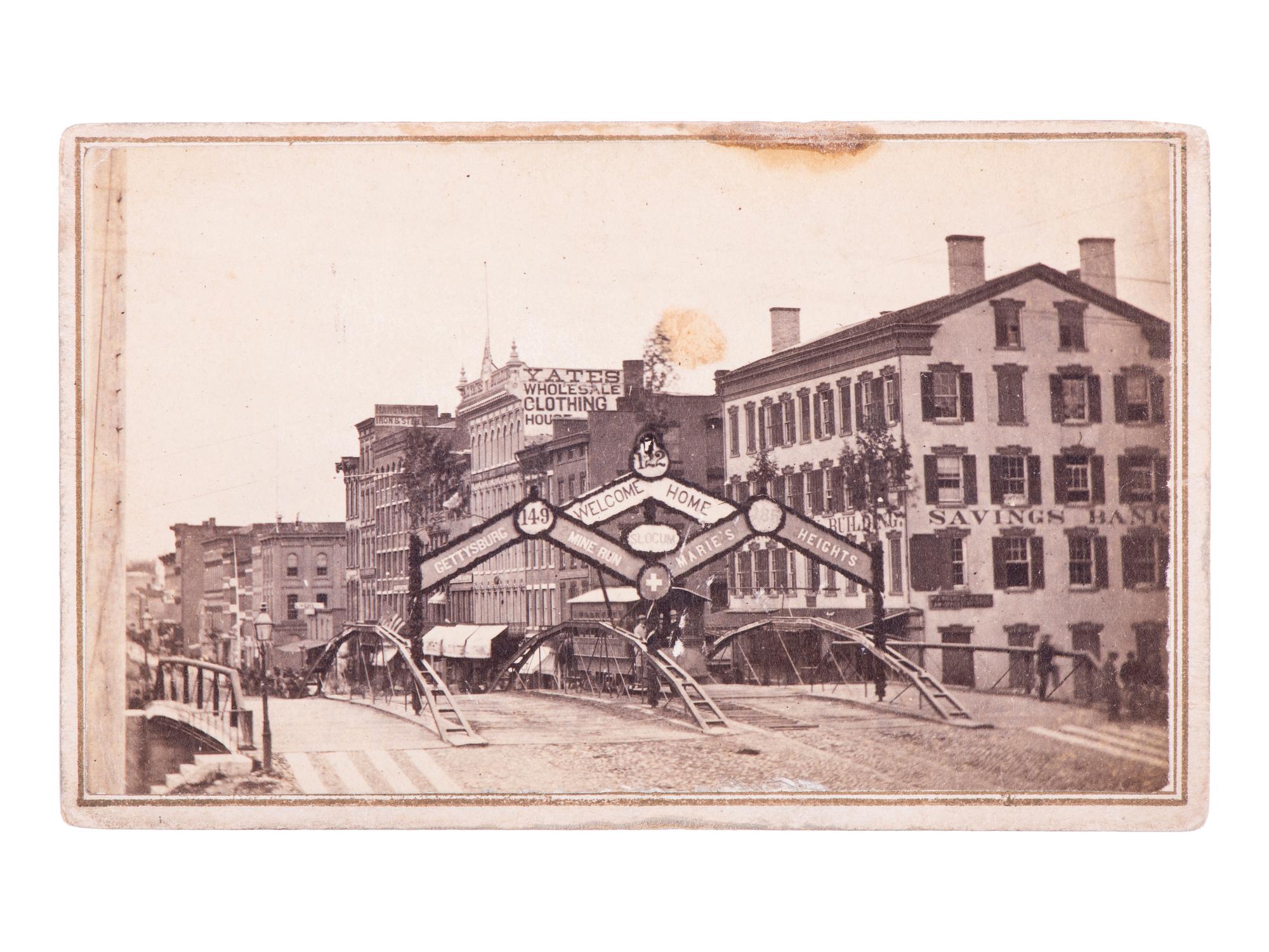BONTA & CURTISS, photographers. CDV of the Civil War homecoming arch made to welcome Syracuse regiments back from war. Syracuse, NY.