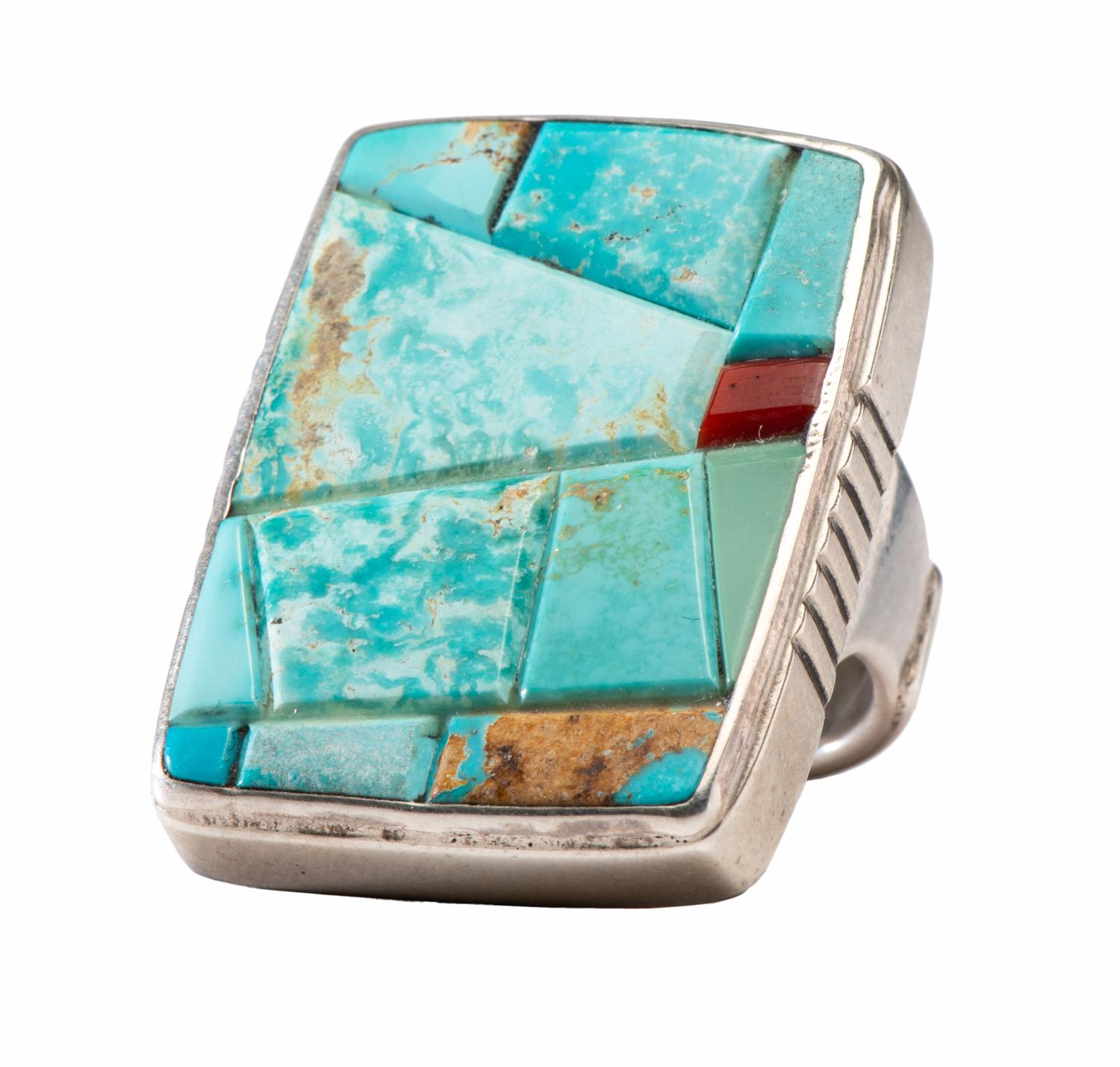 Sterling Silver Ring, with Turquoise and Coral Mosaic Inlay Lot is located and will ship from Denver, Colorado.