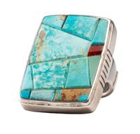 Sterling Silver Ring, with Turquoise and Coral Mosaic Inlay Lot is located and will ship from Denver, Colorado.