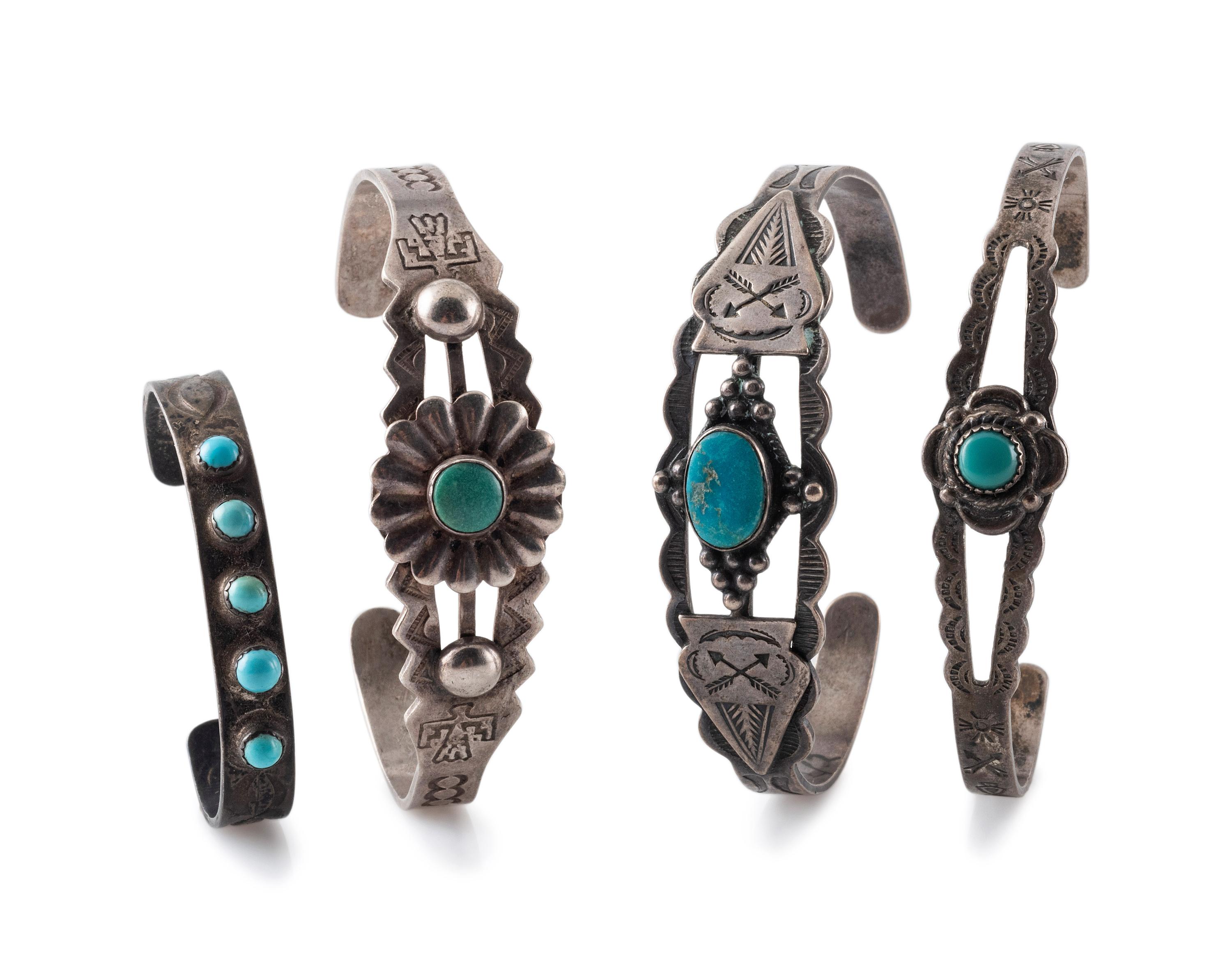 Fred Harvey Era Silver and Turquoise Trade Bracelets