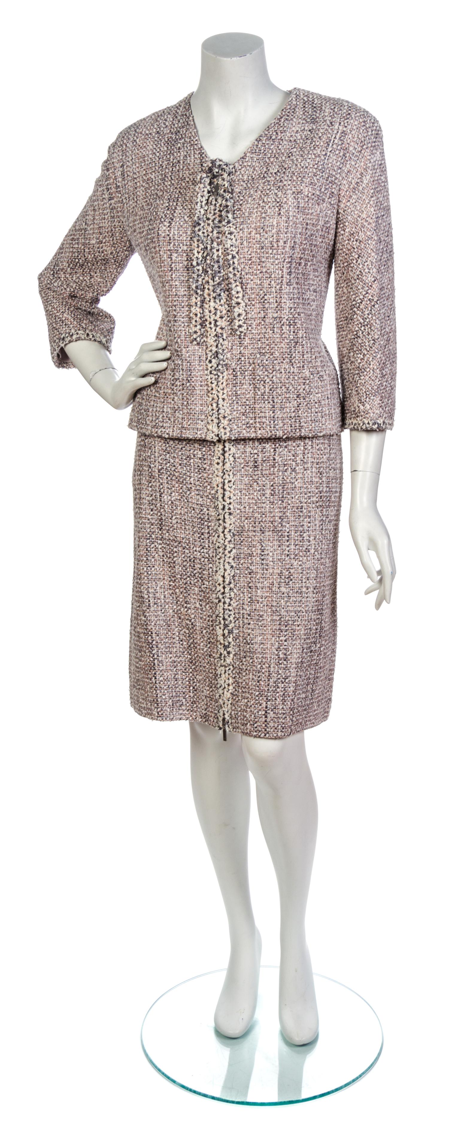 A Chanel Pink and Grey Cotton Tweed Skirt Suit, Jacket size 44, skirt size 44.