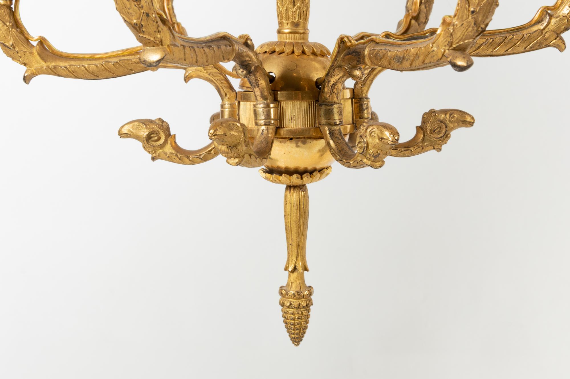 A Pair of Empire Gilt Bronze Six-Light Chandeliers