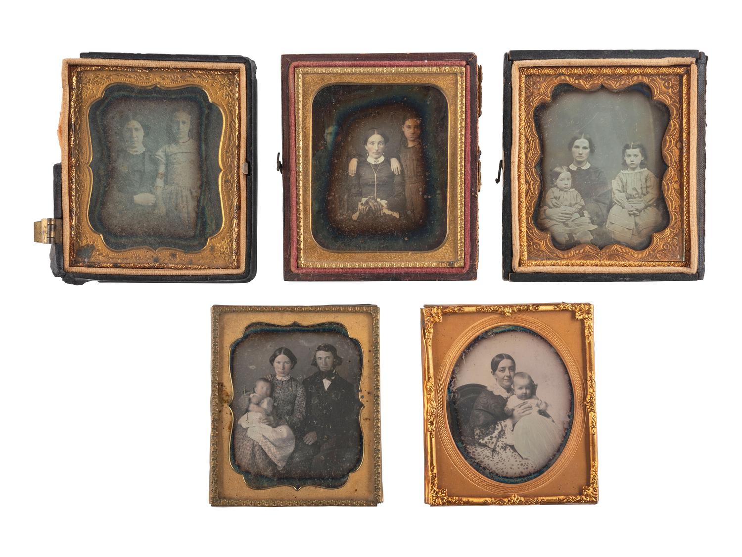 [EARLY PHOTOGRAPHY]. A group of 13 sixth plate daguerreotypes of parents with children, including: