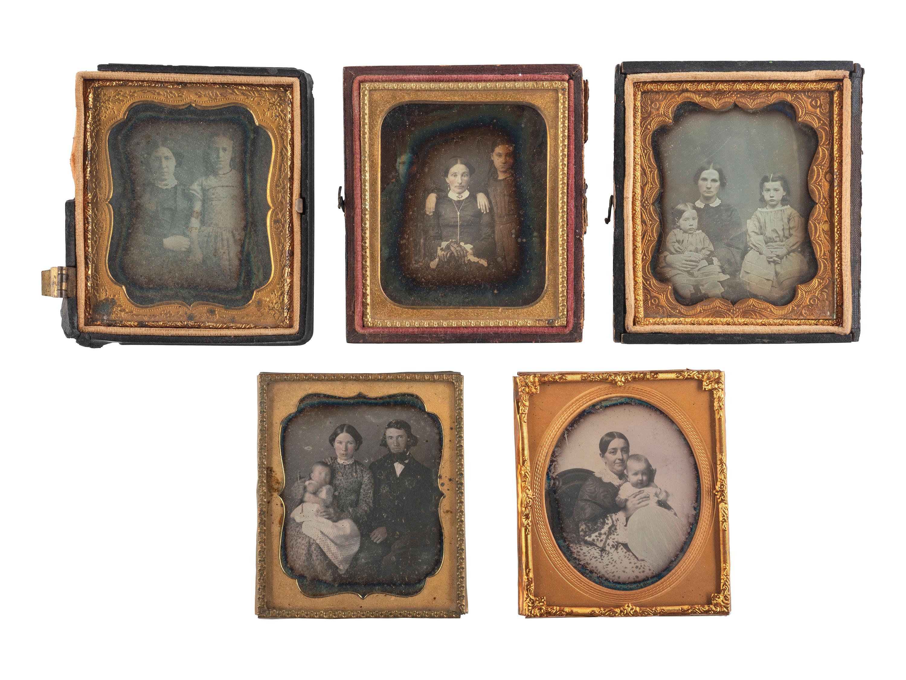 [EARLY PHOTOGRAPHY]. A group of 13 sixth plate daguerreotypes of parents with children, including: