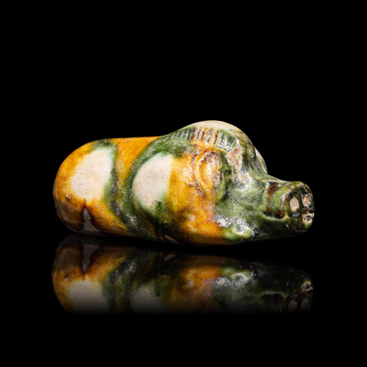 A Small Chinese Sancai Glazed Pottery Boar, Tang Dynasty — 唐 三彩陶豬