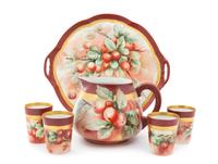 A Victorian Painted Porcelain Drink Set Height of pitcher 6 1/4 inches.