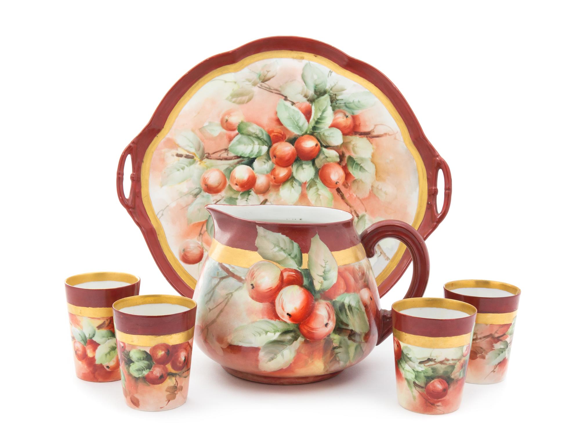 A Victorian Painted Porcelain Drink Set Height of pitcher 6 1/4 inches.