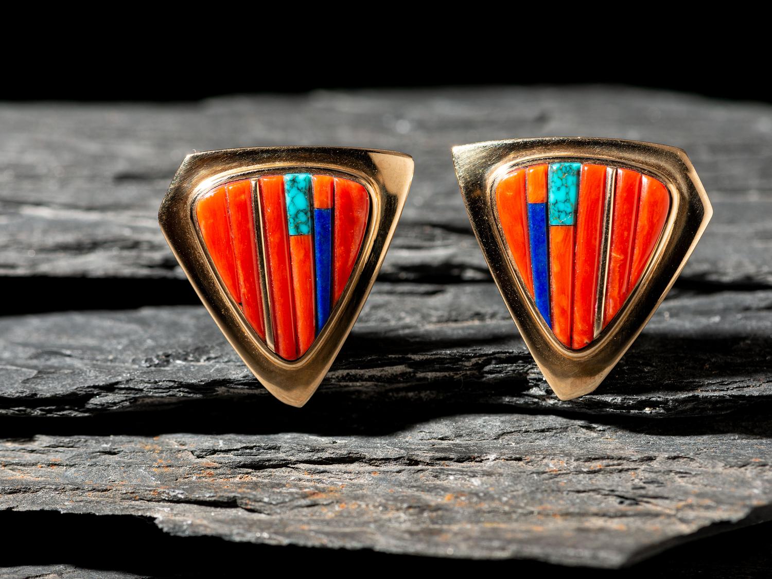 14K Gold and Cobblestone Inlay Shield Clip Earrings