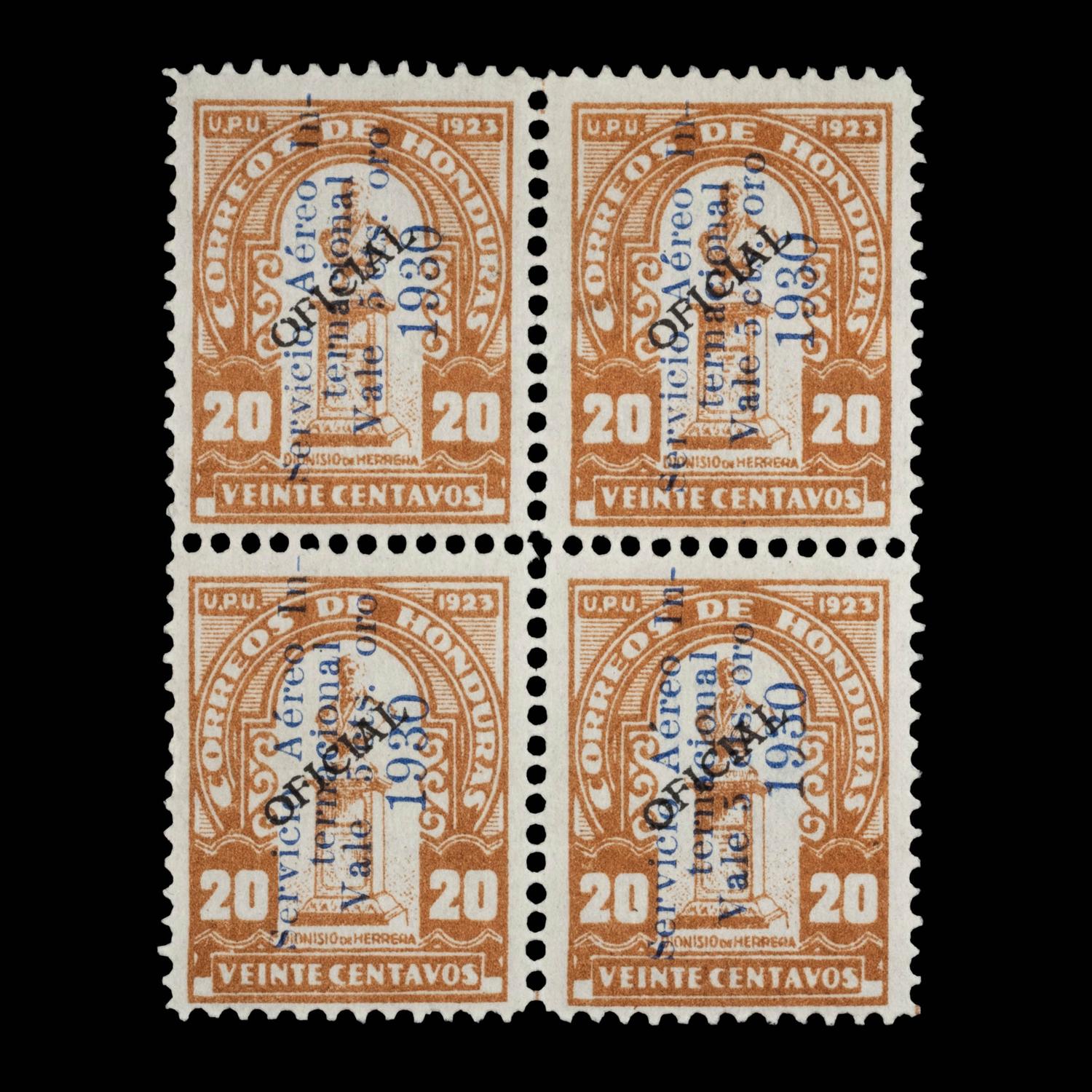 HONDURAS. Airmail. 1930. 5c on 20c. Yellow-Brown with Blue and Black Surcharges (#C34), Block of Four