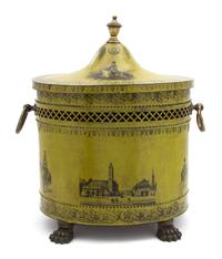 An English Regency Green Tole and Brass Coal Hod Height 19 x width 16 1/2 x depth 11 1/2 inches. — 19TH CENTURY
