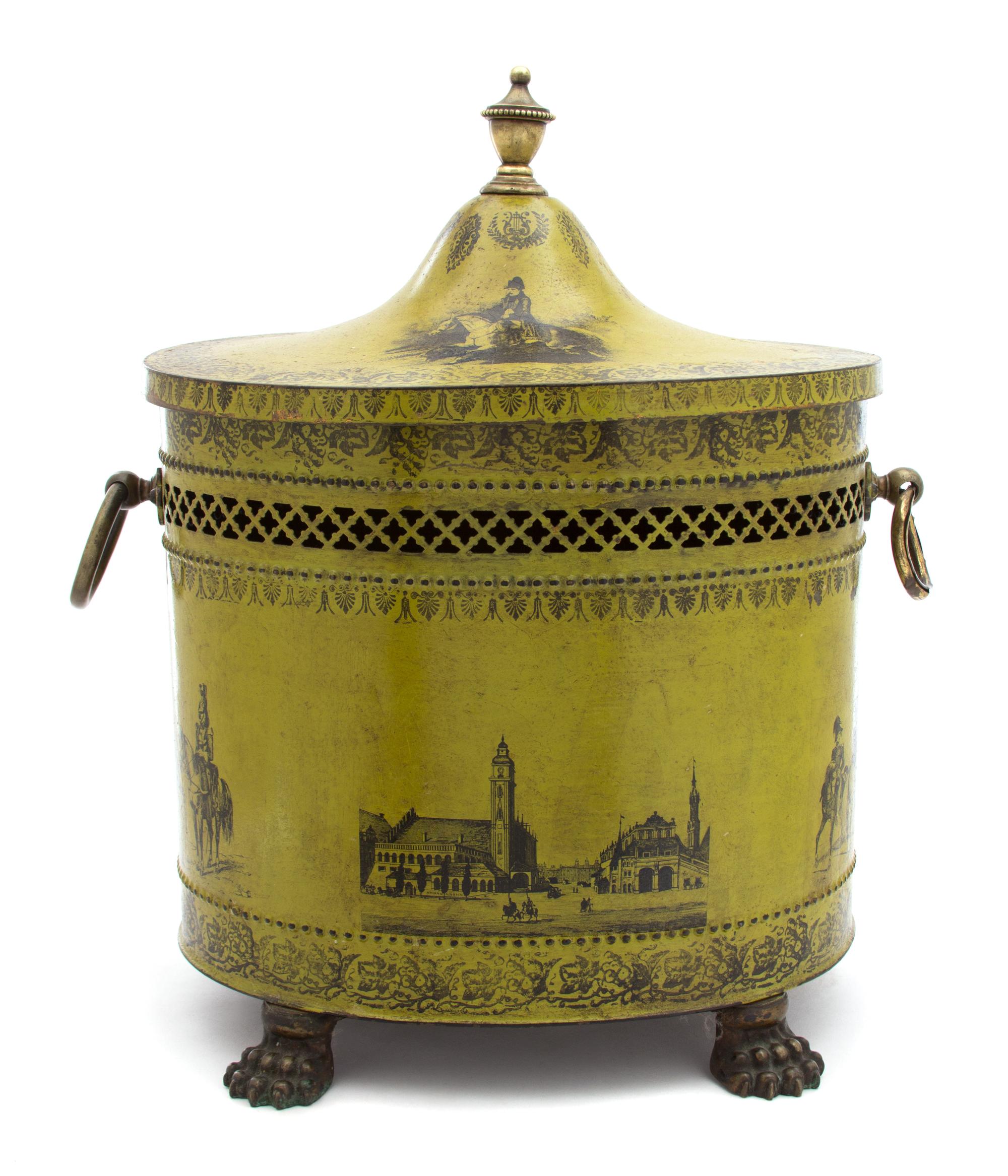 An English Regency Green Tole and Brass Coal Hod Height 19 x width 16 1/2 x depth 11 1/2 inches. — 19TH CENTURY