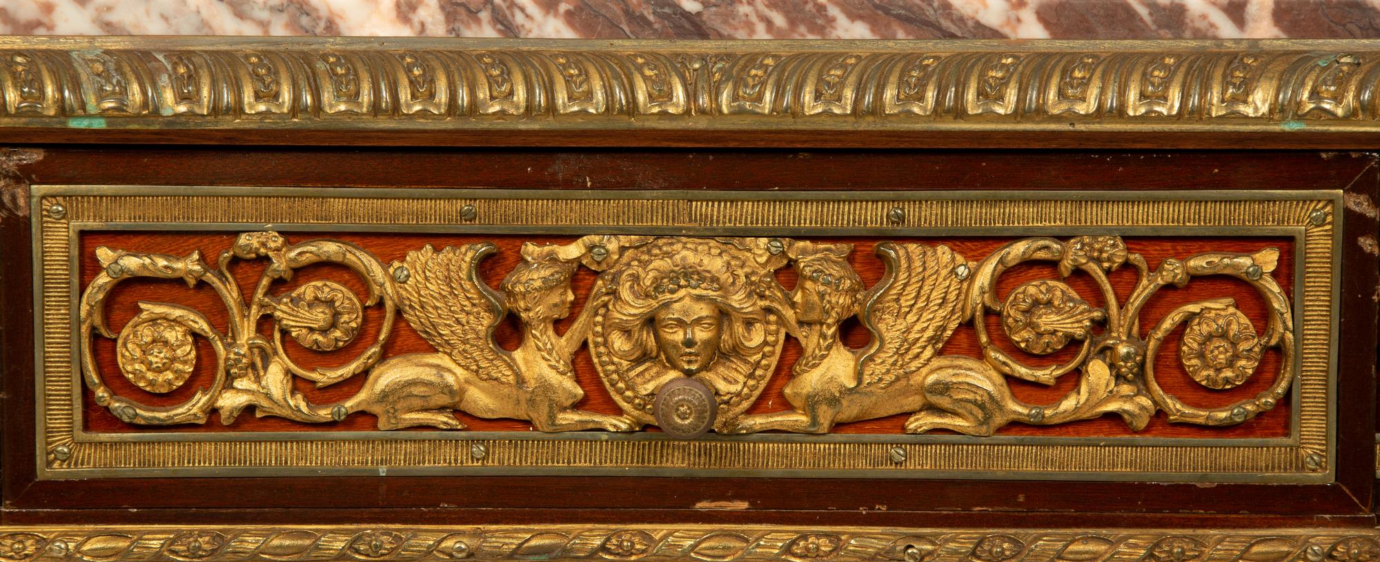 A French Empire Style Gilt Bronze Mounted Mahogany Table with Rouge Marble Top — 19TH CENTURY