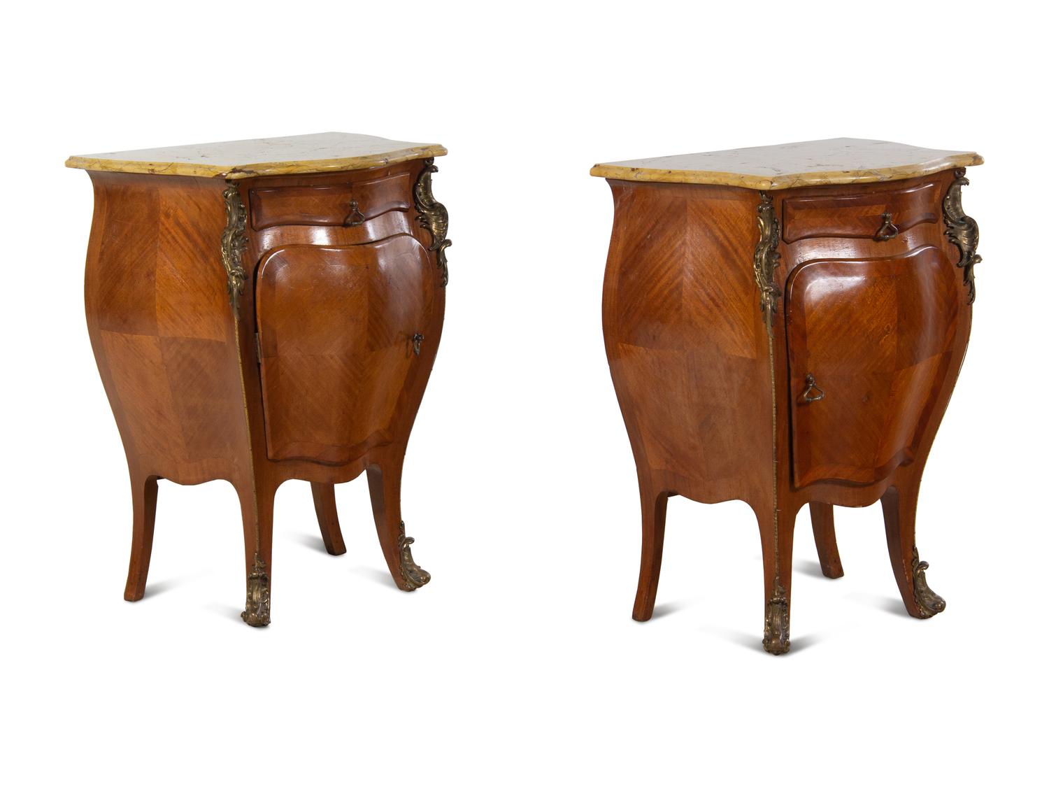 A Pair of Louis XV Style Gilt Bronze Mounted Marble-Top Bombe Nightstands