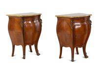 A Pair of Louis XV Style Gilt Bronze Mounted Marble-Top Bombe Nightstands