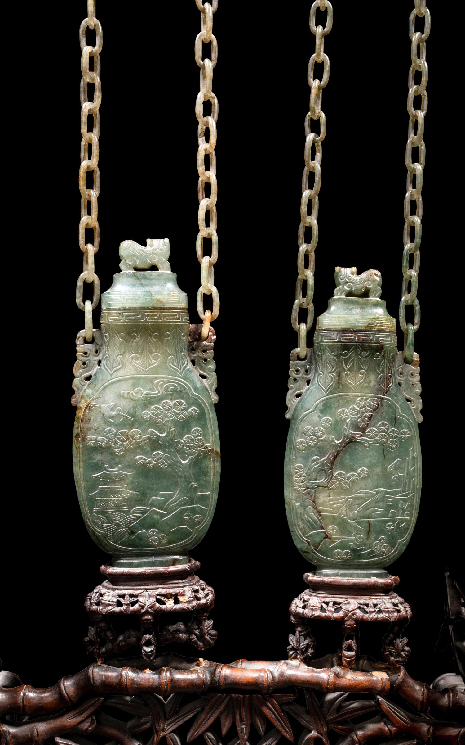 A Pair of Chinese Spinach Jade Covered Vases