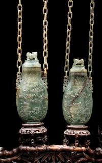 A Pair of Chinese Spinach Jade Covered Vases