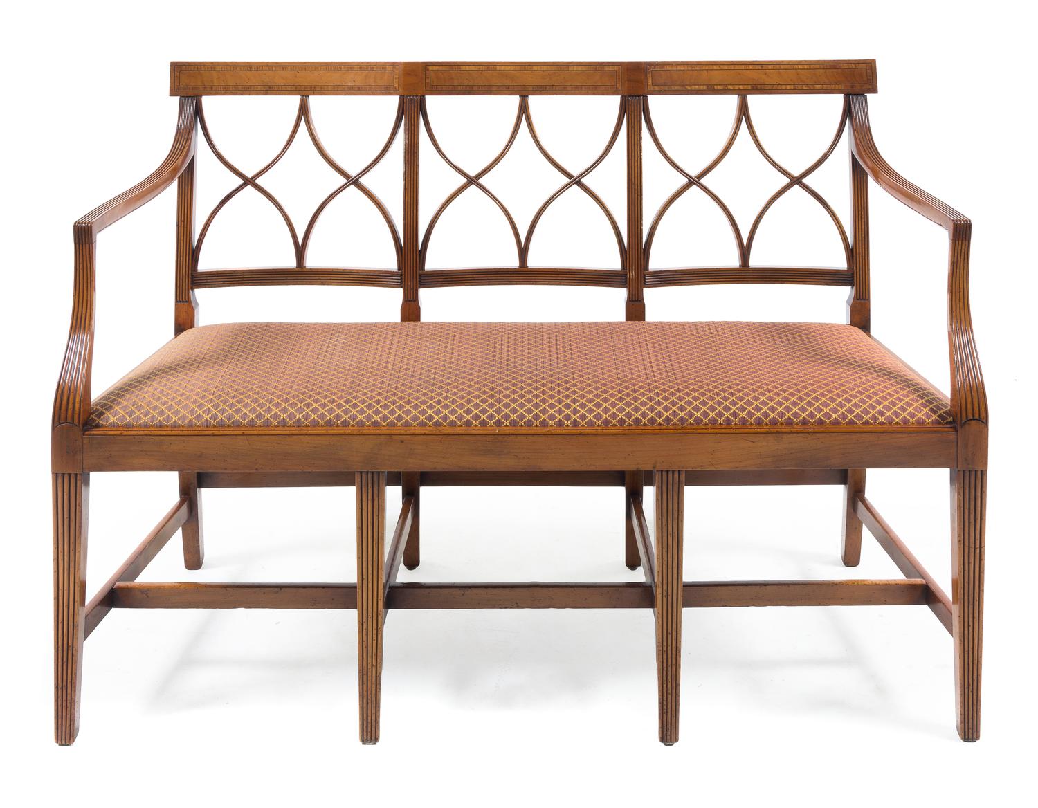 A Sheraton Style Mahogany and Satinwood Bench Height 34 3/4 x width 52 x depth 20 1/2 inches. — 20TH CENTURY