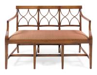 A Sheraton Style Mahogany and Satinwood Bench Height 34 3/4 x width 52 x depth 20 1/2 inches. — 20TH CENTURY