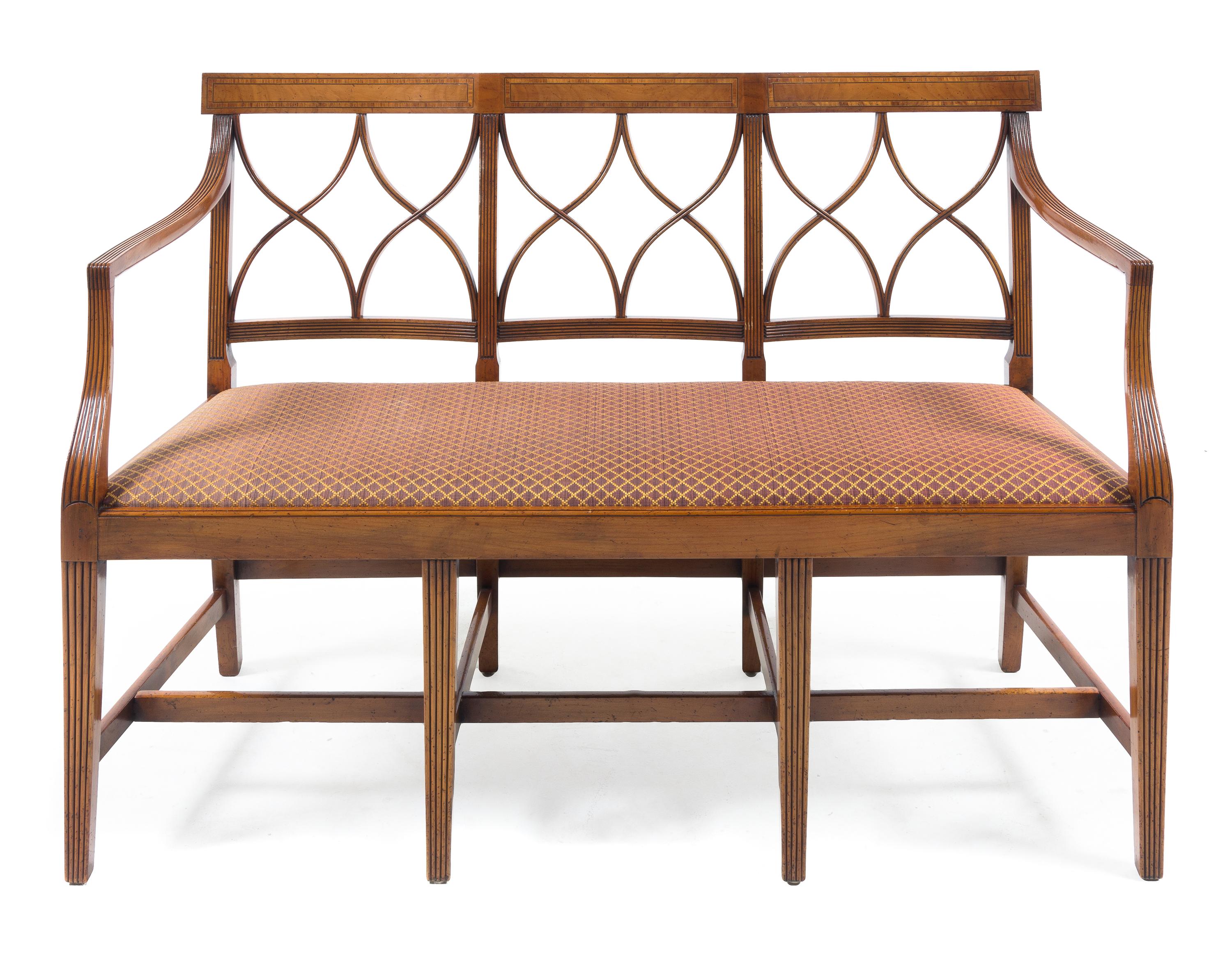 A Sheraton Style Mahogany and Satinwood Bench Height 34 3/4 x width 52 x depth 20 1/2 inches. — 20TH CENTURY