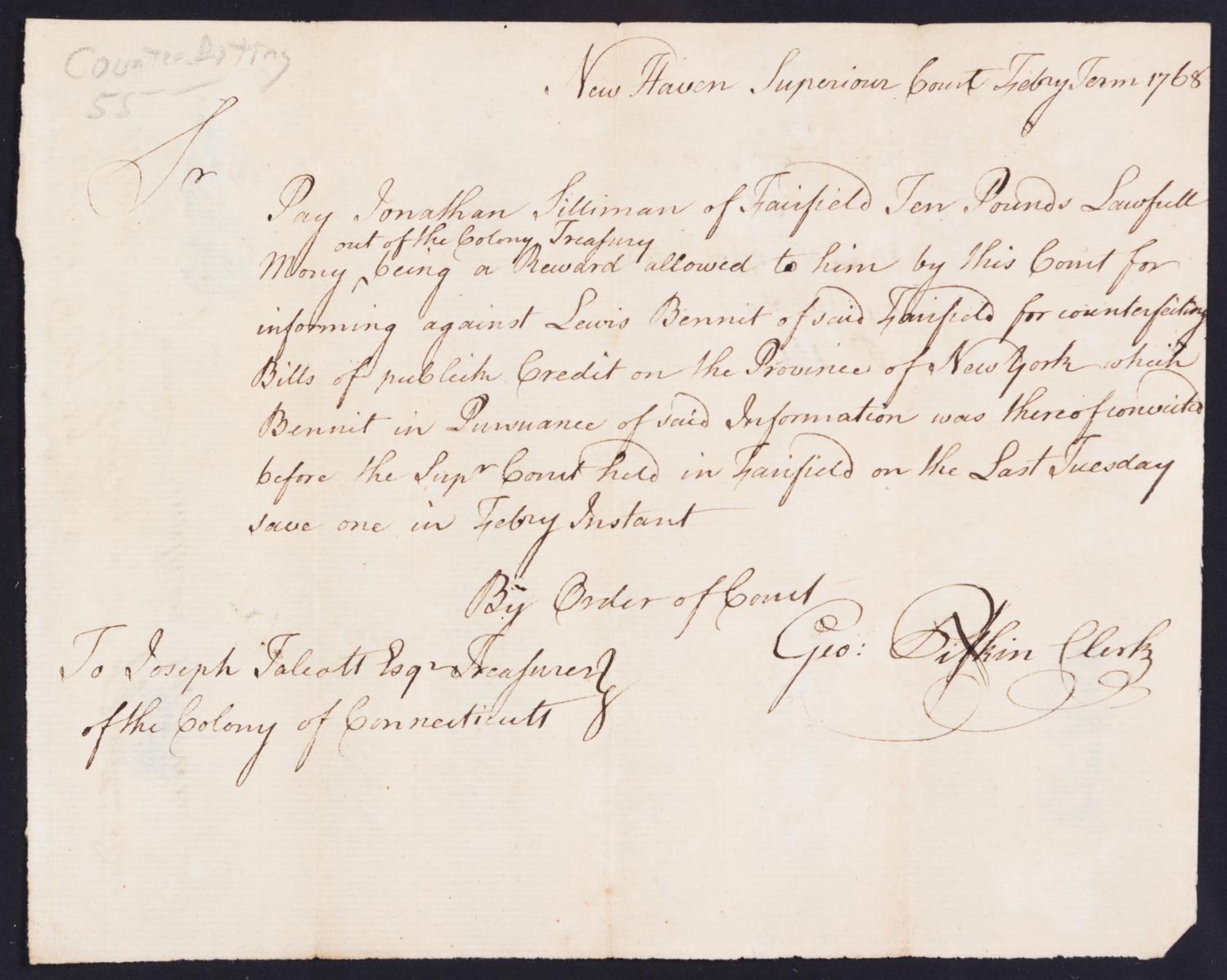 (COLONIAL LEGAL DOCUMENT) Manuscript document rewarding money to a Jonathan Filliman for reporting a counterfeiter.