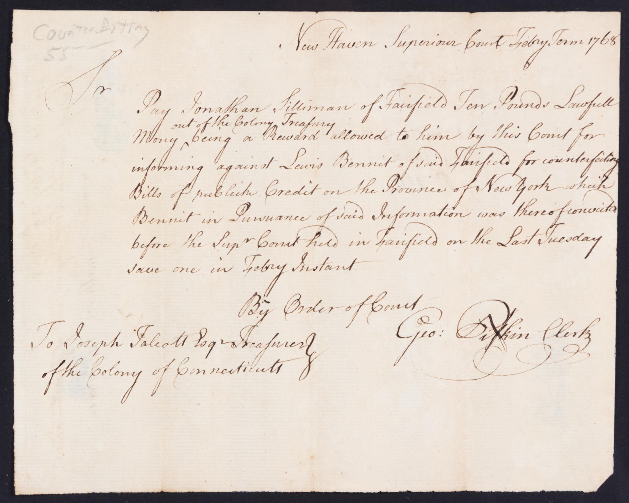 (COLONIAL LEGAL DOCUMENT) Manuscript document rewarding money to a Jonathan Filliman for reporting a counterfeiter.