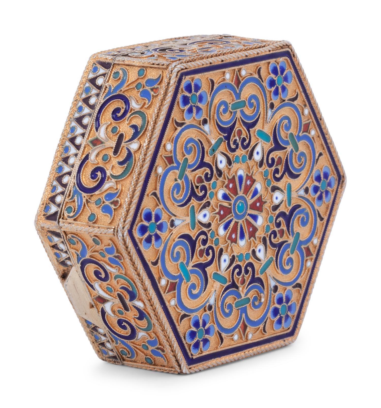 A Russian Enameled Silver-Gilt Hexagonal Snuff Box