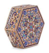 A Russian Enameled Silver-Gilt Hexagonal Snuff Box