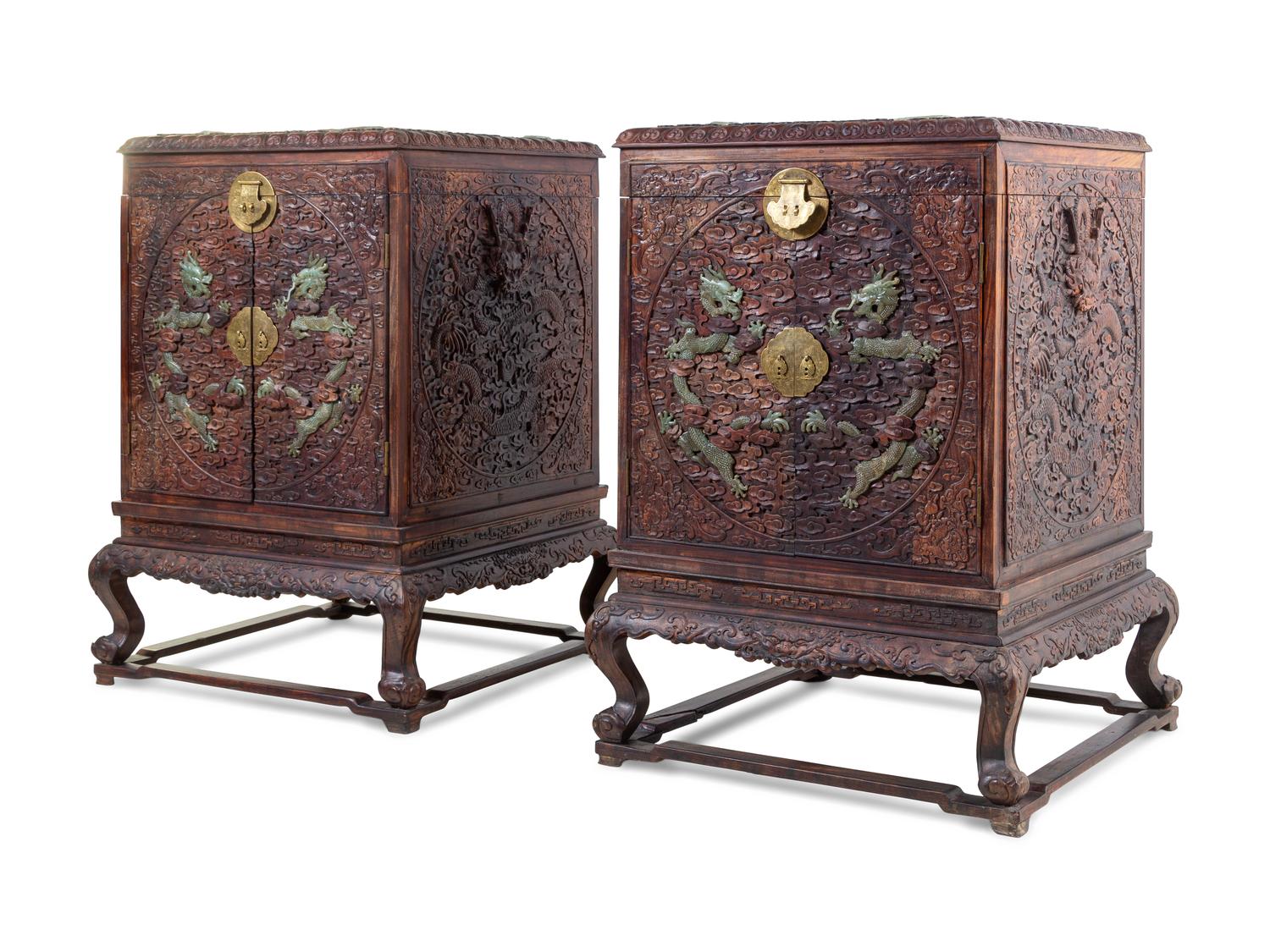 A Pair of Large Chinese Export Jade-Inset Carved Hardwood Chests on Stands
