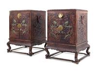 A Pair of Large Chinese Export Jade-Inset Carved Hardwood Chests on Stands