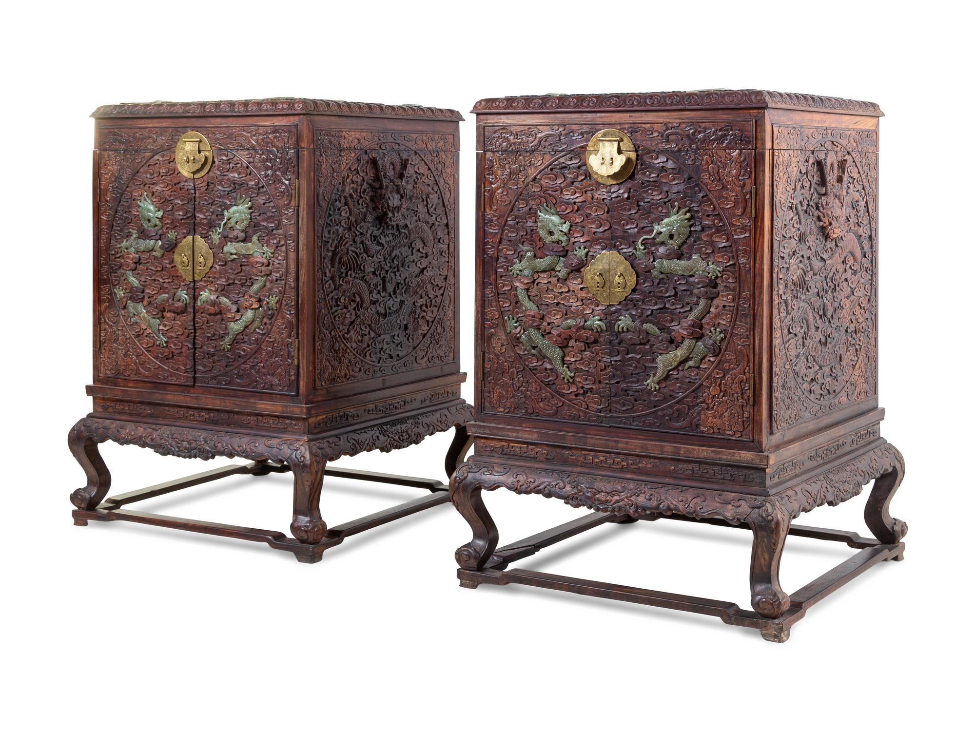 A Pair of Large Chinese Export Jade-Inset Carved Hardwood Chests on Stands