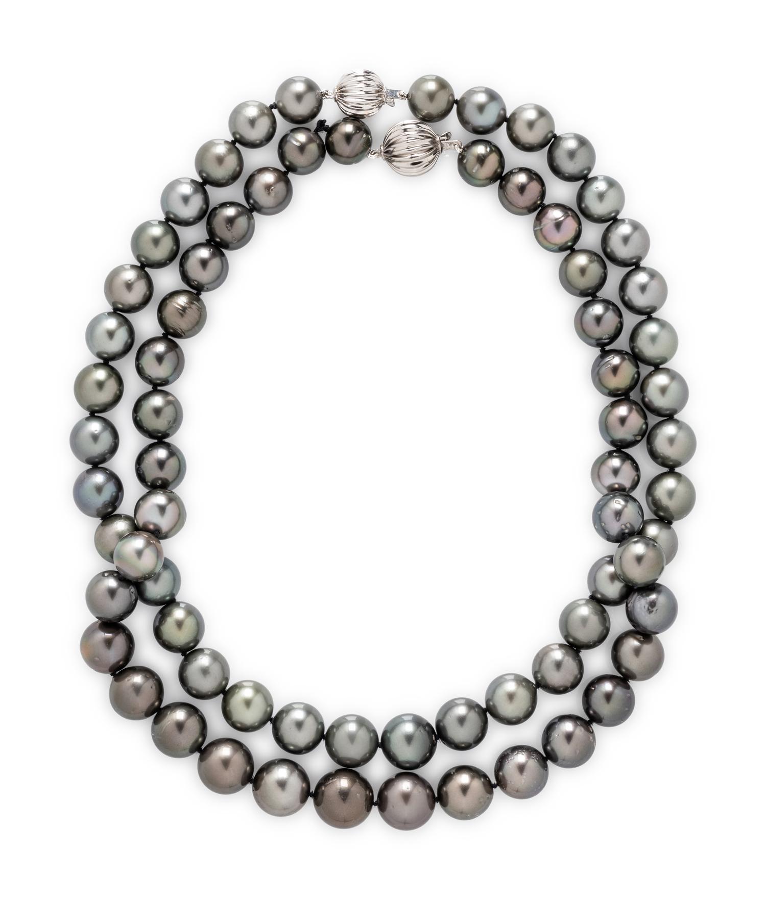 TWO NESTING STRANDS OF TAHITIAN CULTURED PEARLS