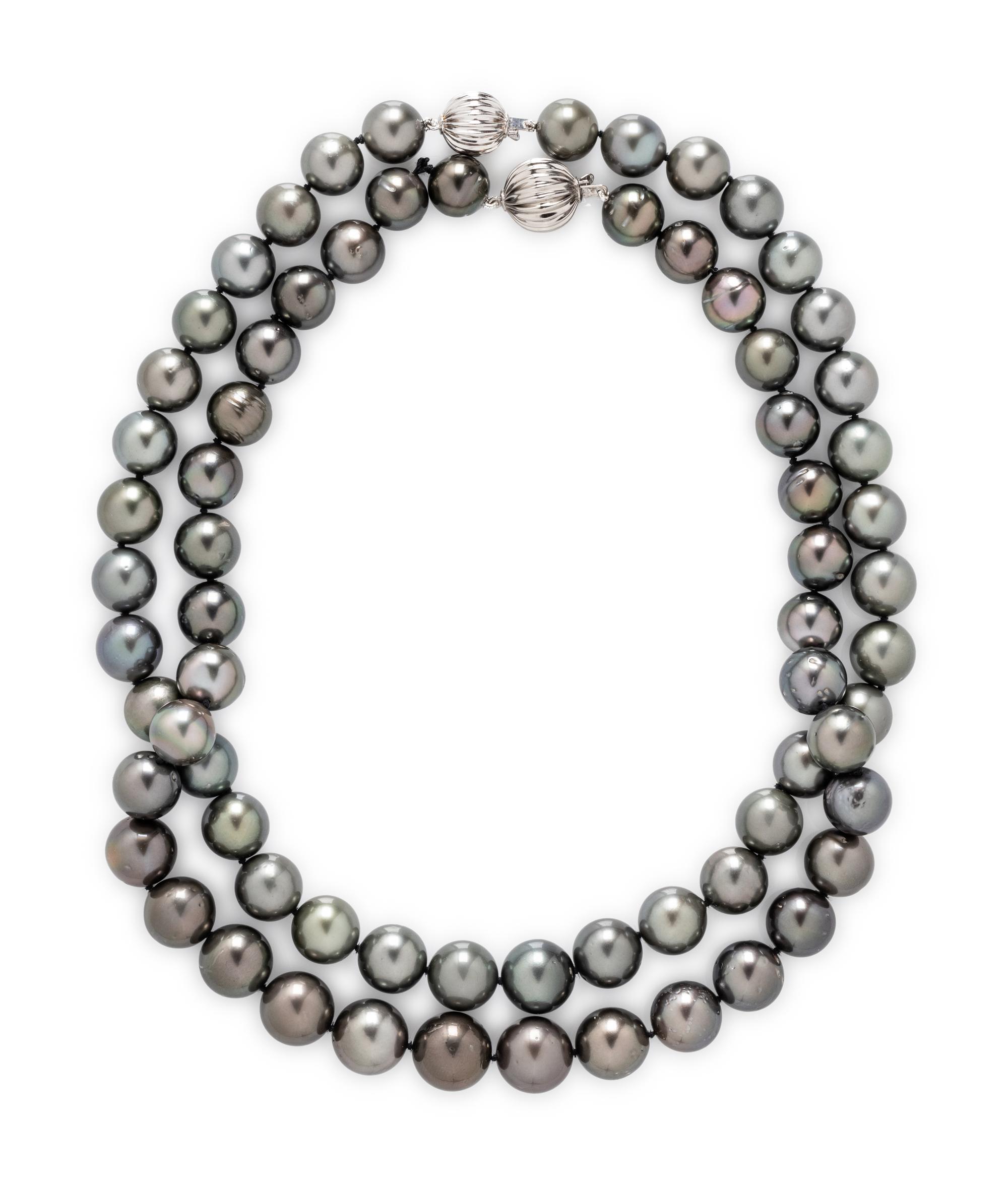 TWO NESTING STRANDS OF TAHITIAN CULTURED PEARLS