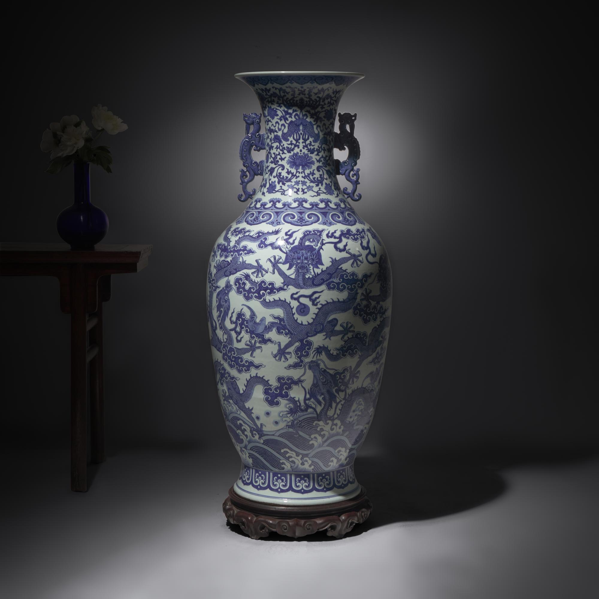 A Magnificent, Monumental, and Extremely Rare Chinese Blue and White 'Nine Dragons' Vase, Qing Dynasty, Jiaqing/Daoguang Period — 清嘉慶/道光 巨型青花九龍大瓶（附山中商會1943年圖錄）