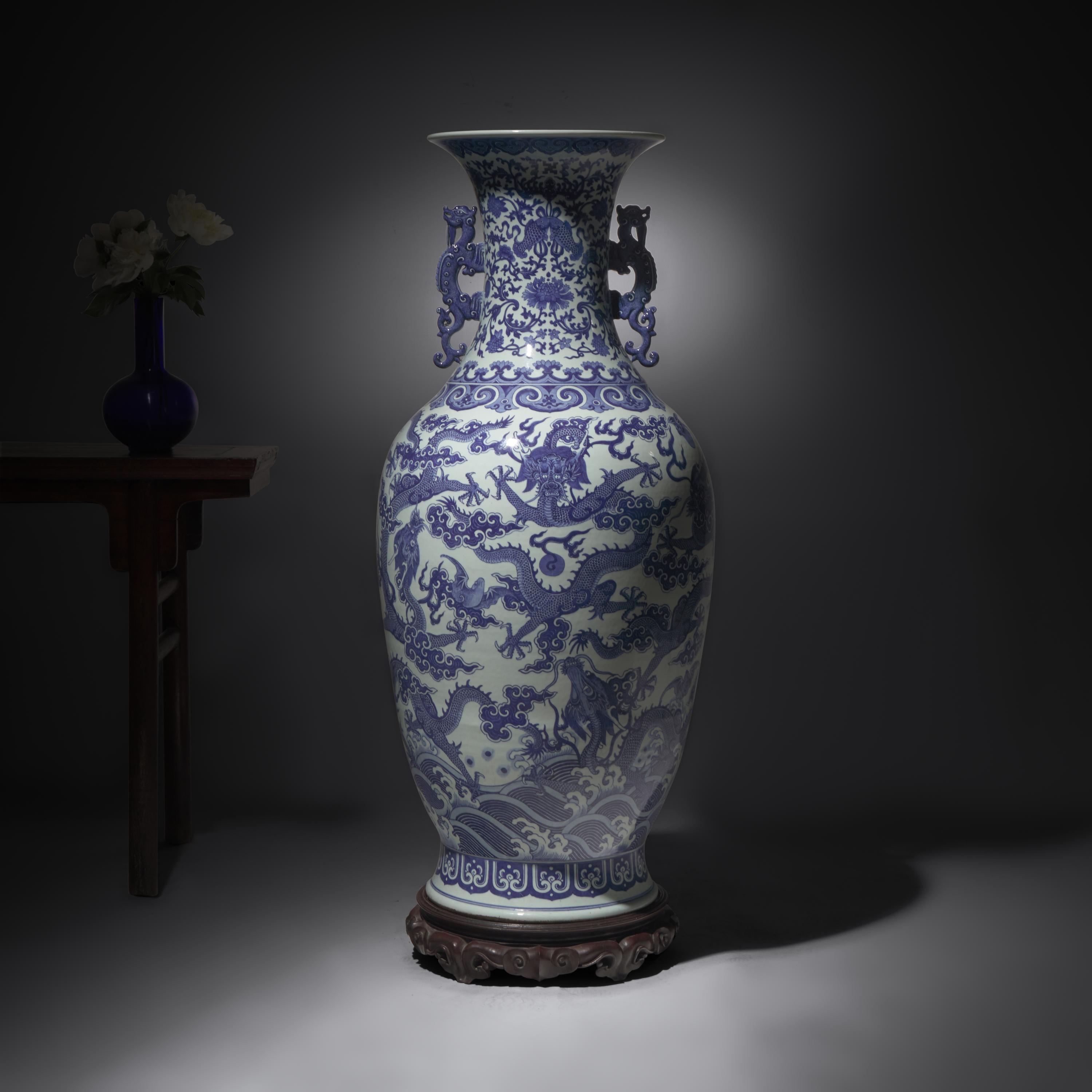 A Magnificent, Monumental, and Extremely Rare Chinese Blue and White 'Nine Dragons' Vase, Qing Dynasty, Jiaqing/Daoguang Period