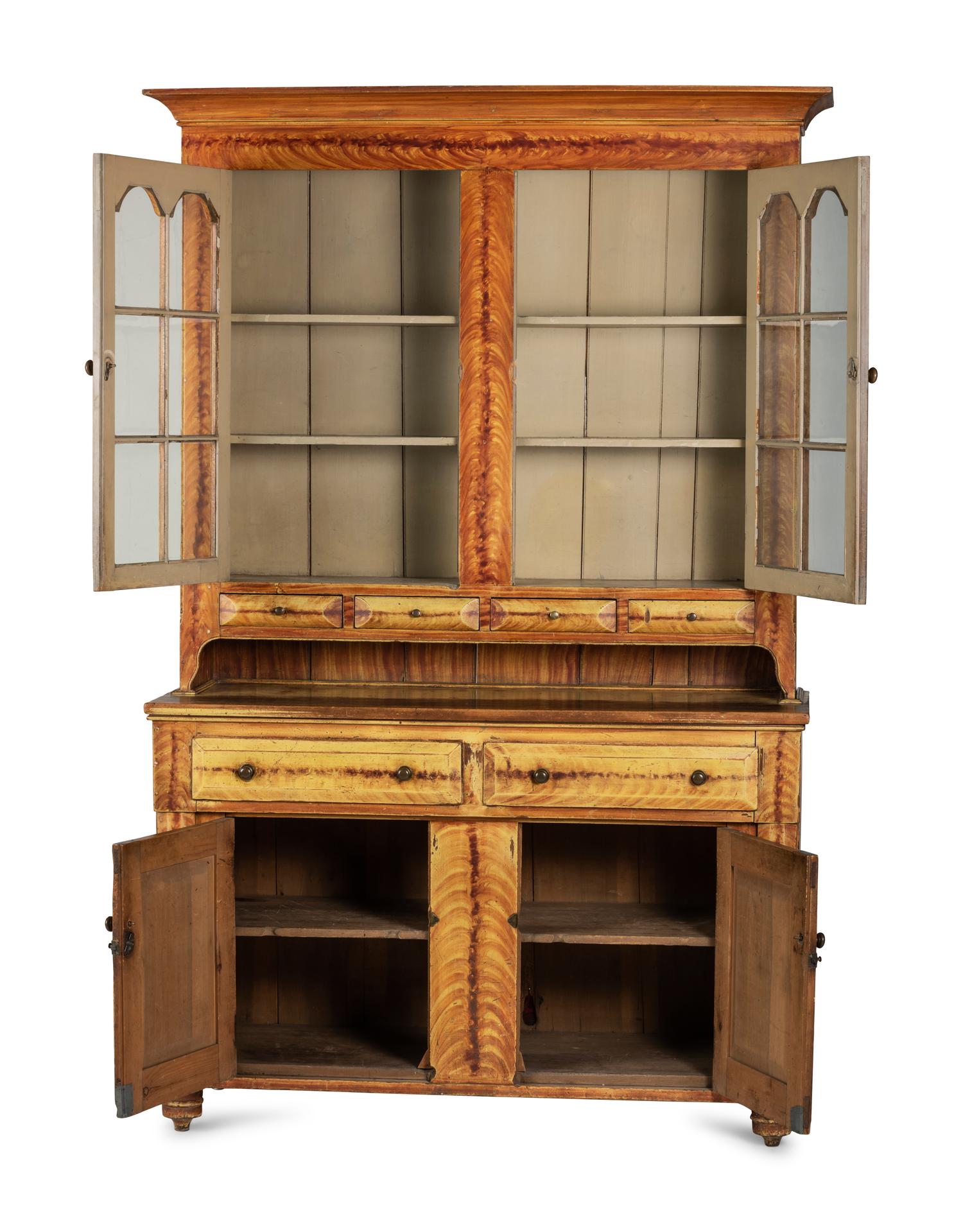 A Federal Grain Paint Decorated Pine and Poplar Step-Back Cupboard