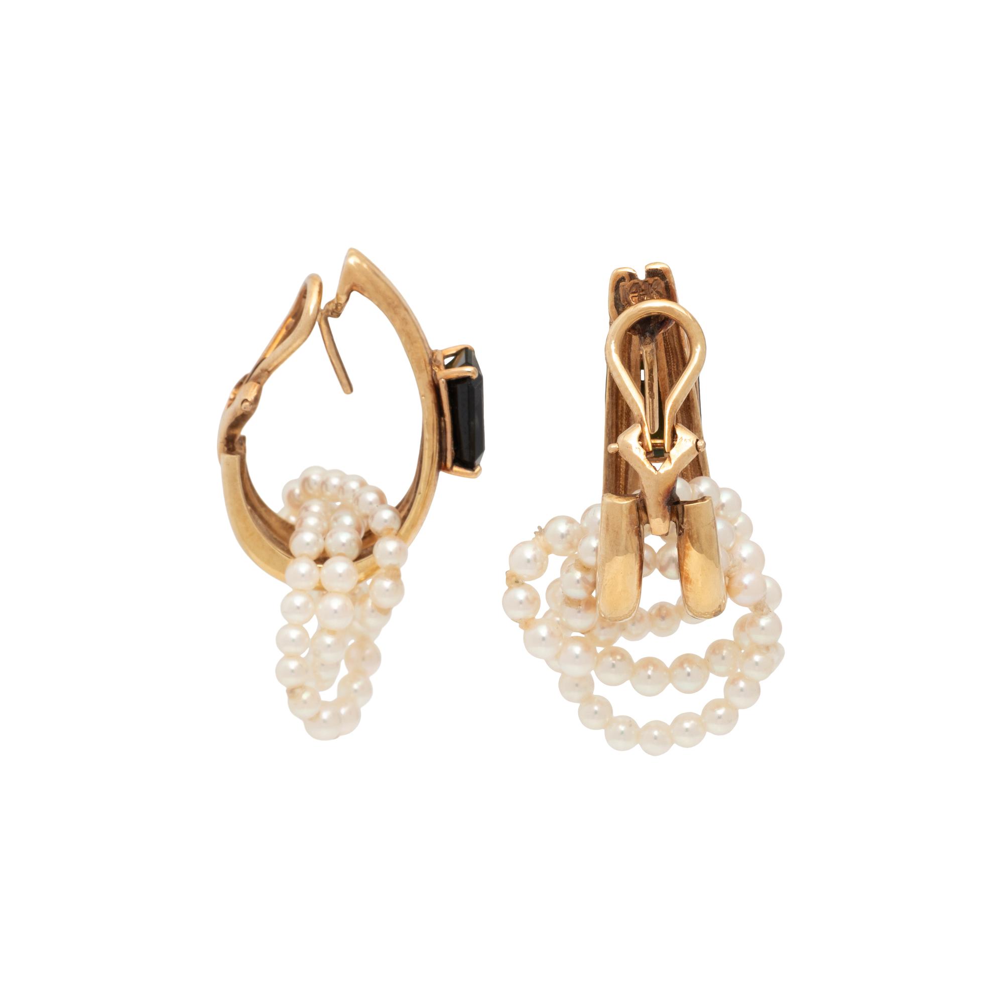 YELLOW GOLD, TOURMALINE, AND SEED PEARL HOOP EARRINGS