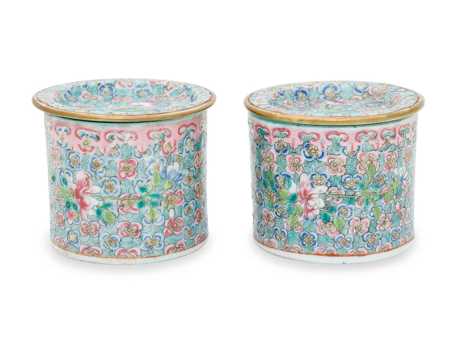 A Pair of Turquoise Ground Famille Rose 'Lotus' Cups and Covers
