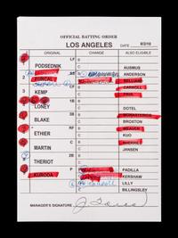 A Group of Five 2010 Joe Torre Signed Autograph Los Angeles Dodgers Umpire Lineup Cards from The Collection of Baseball Hall of Famer Ted Simmons,