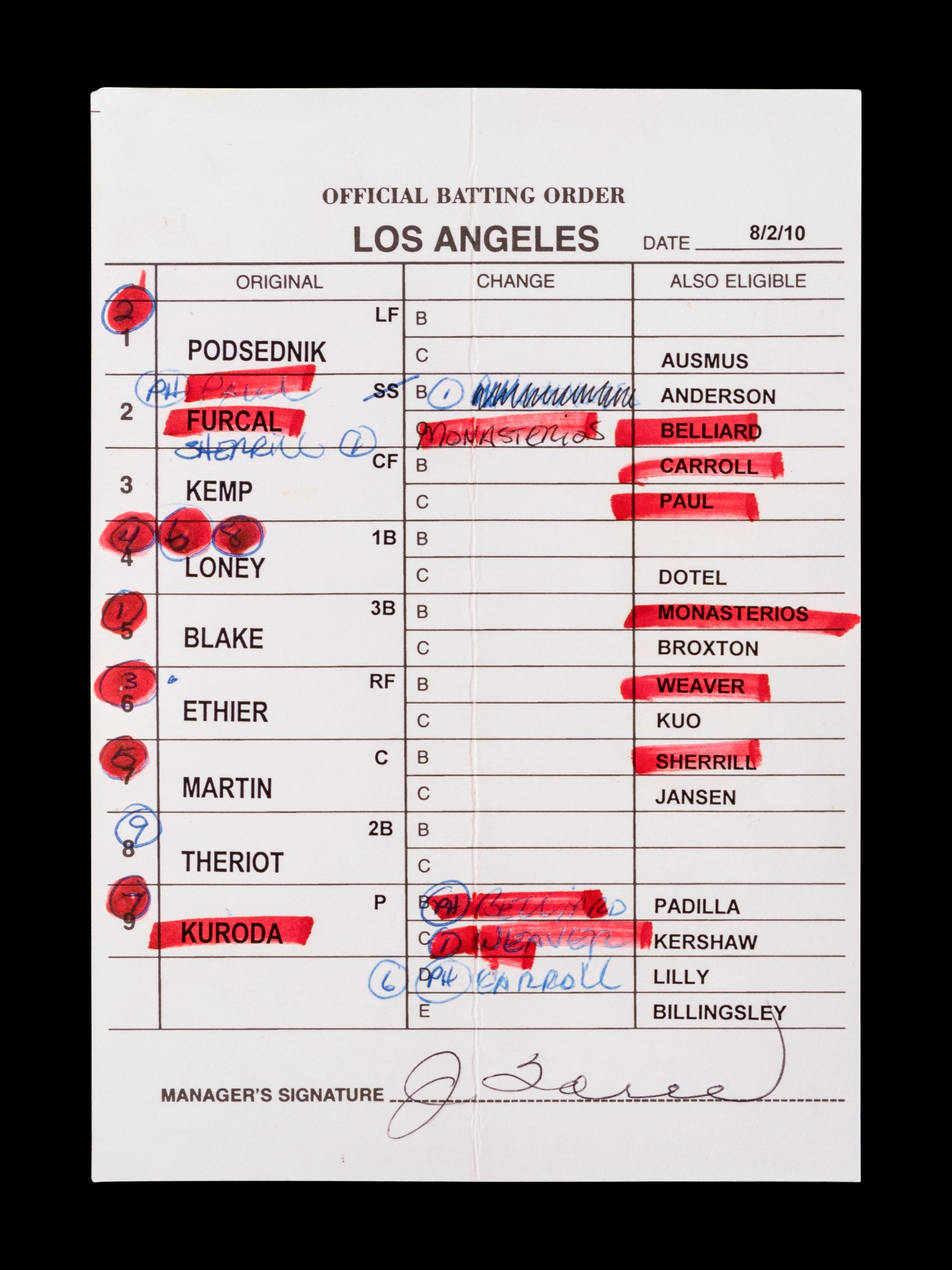 A Group of Five 2010 Joe Torre Signed Autograph Los Angeles Dodgers Umpire Lineup Cards from The Collection of Baseball Hall of Famer Ted Simmons,
