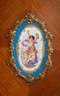 A Louis XV Style Gilt Metal and Sèvres Style Porcelain Mounted Parquetry Bonheur du Jour
