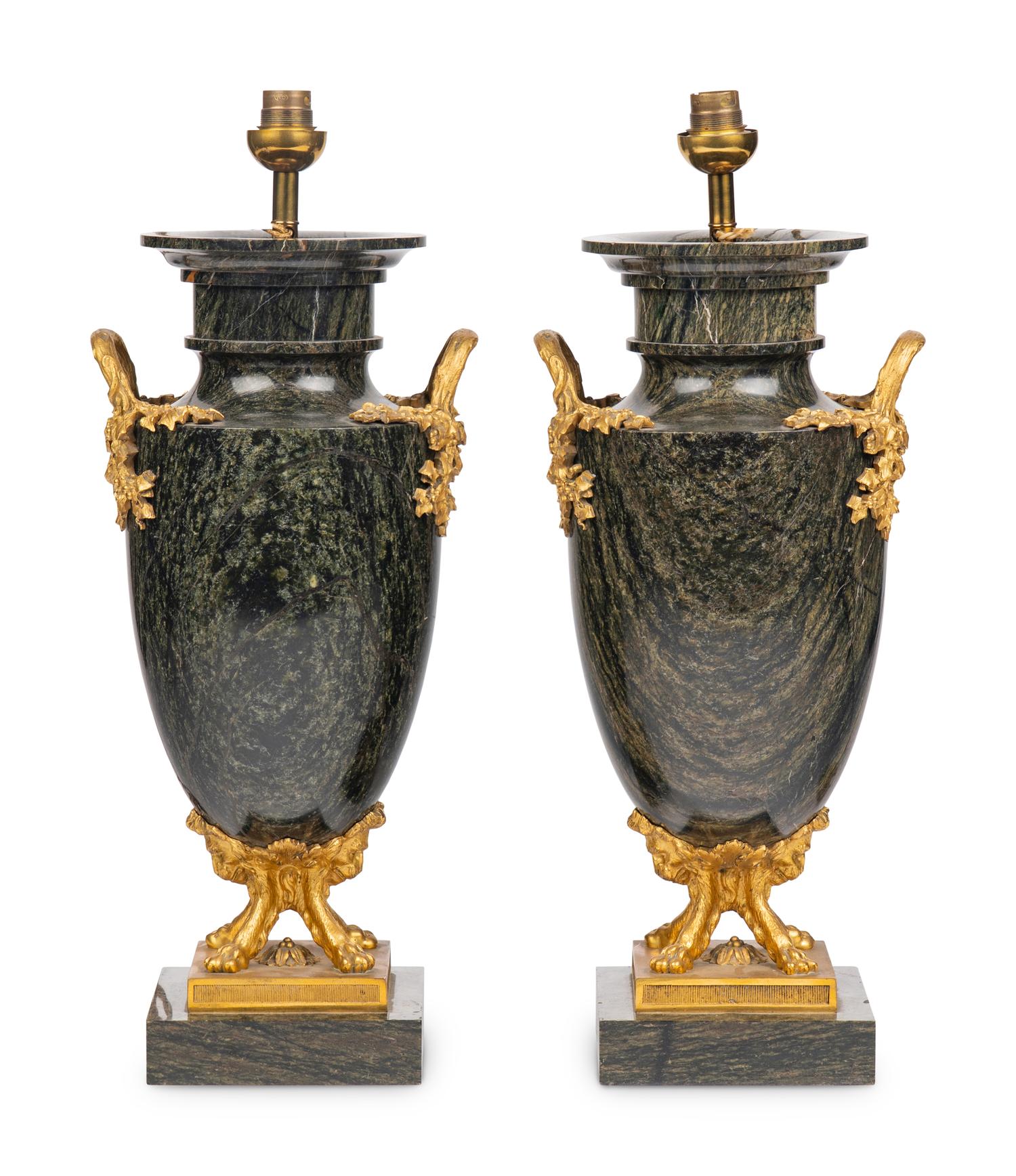 A Pair of French Gilt Bronze Mounted Green Marble Vases