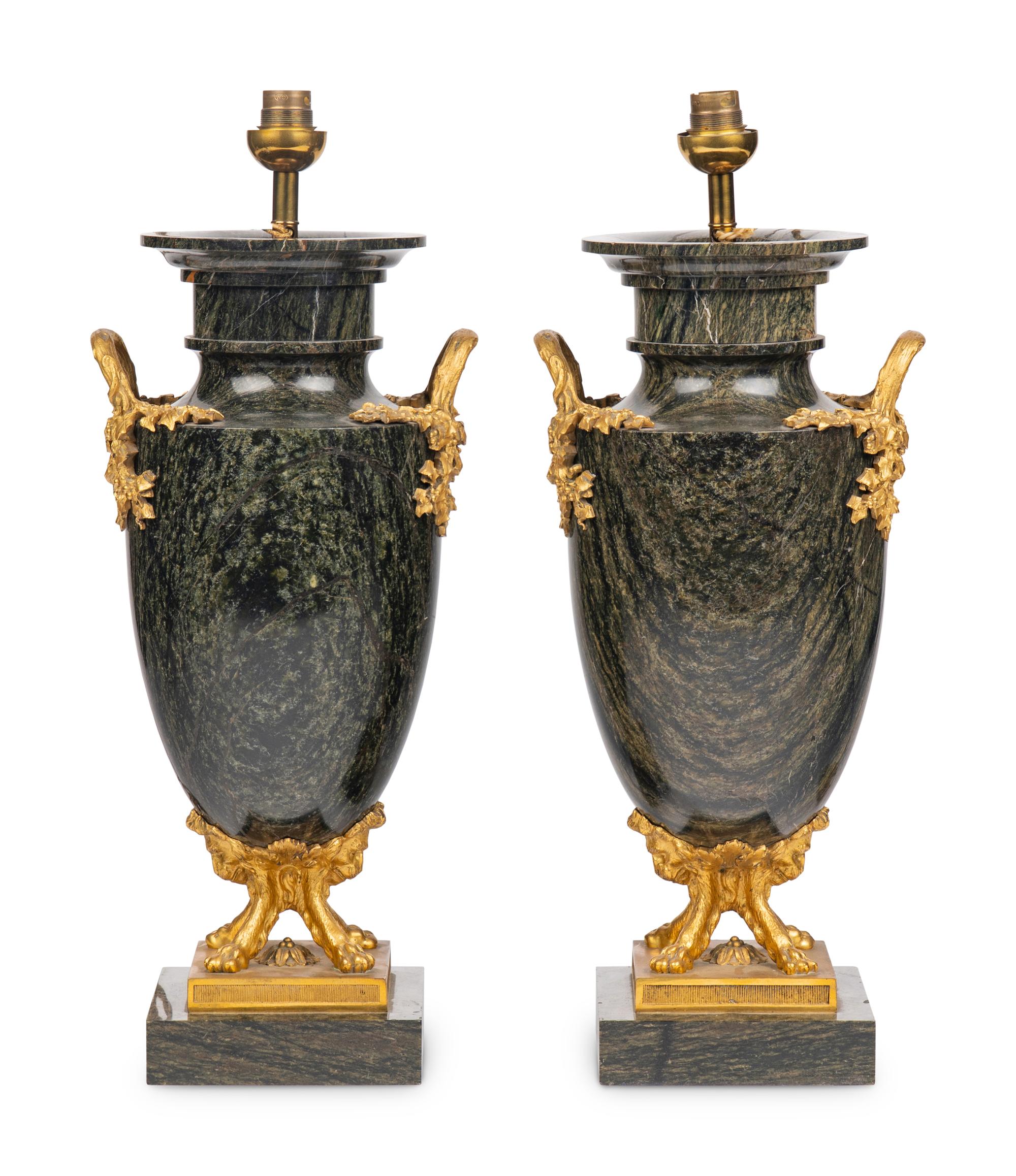 A Pair of French Gilt Bronze Mounted Green Marble Vases