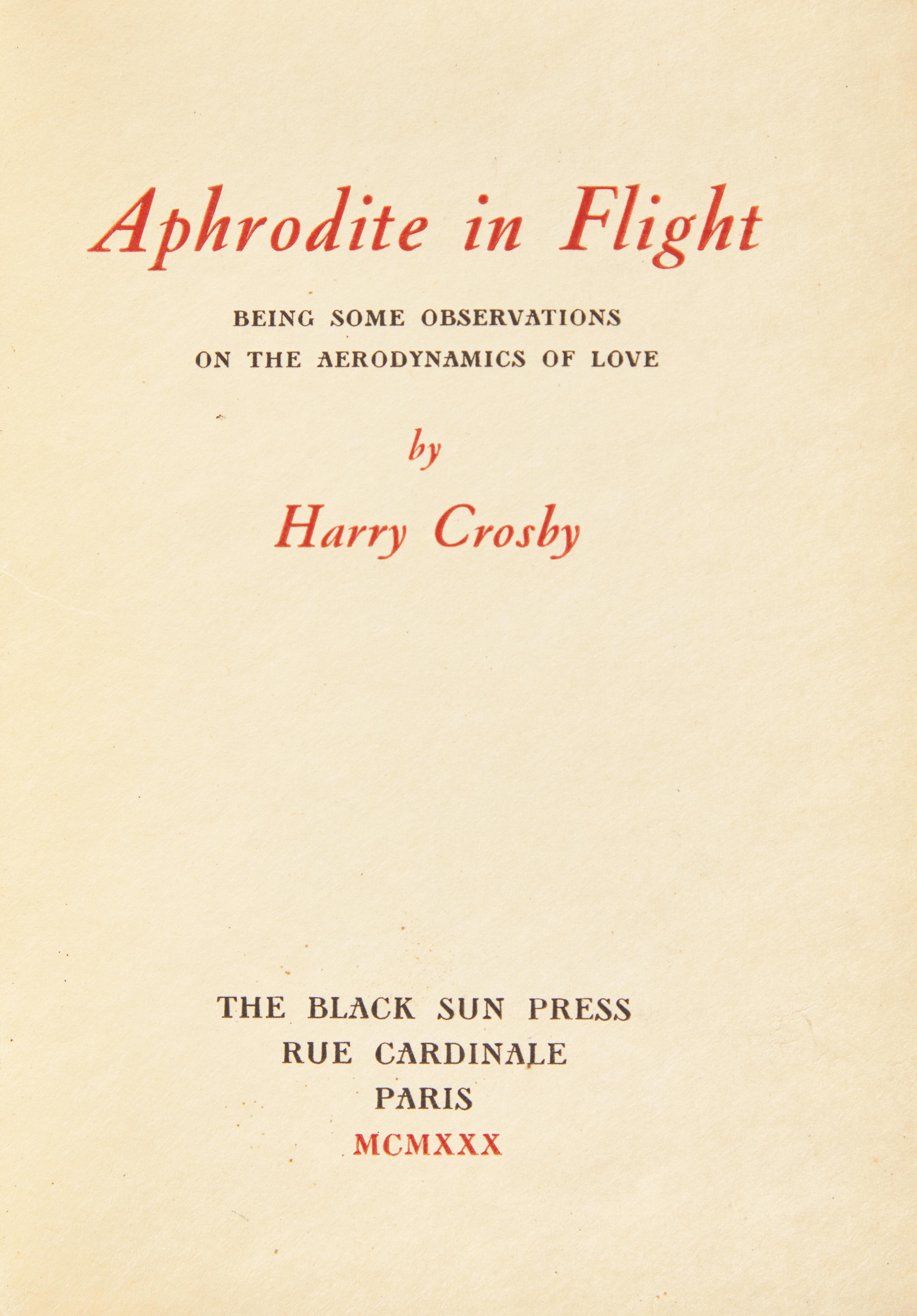 [Black Sun Press] Crosby, Harry. Aphrodite in Flight Being Some Observations on the Aerodynamics of Love