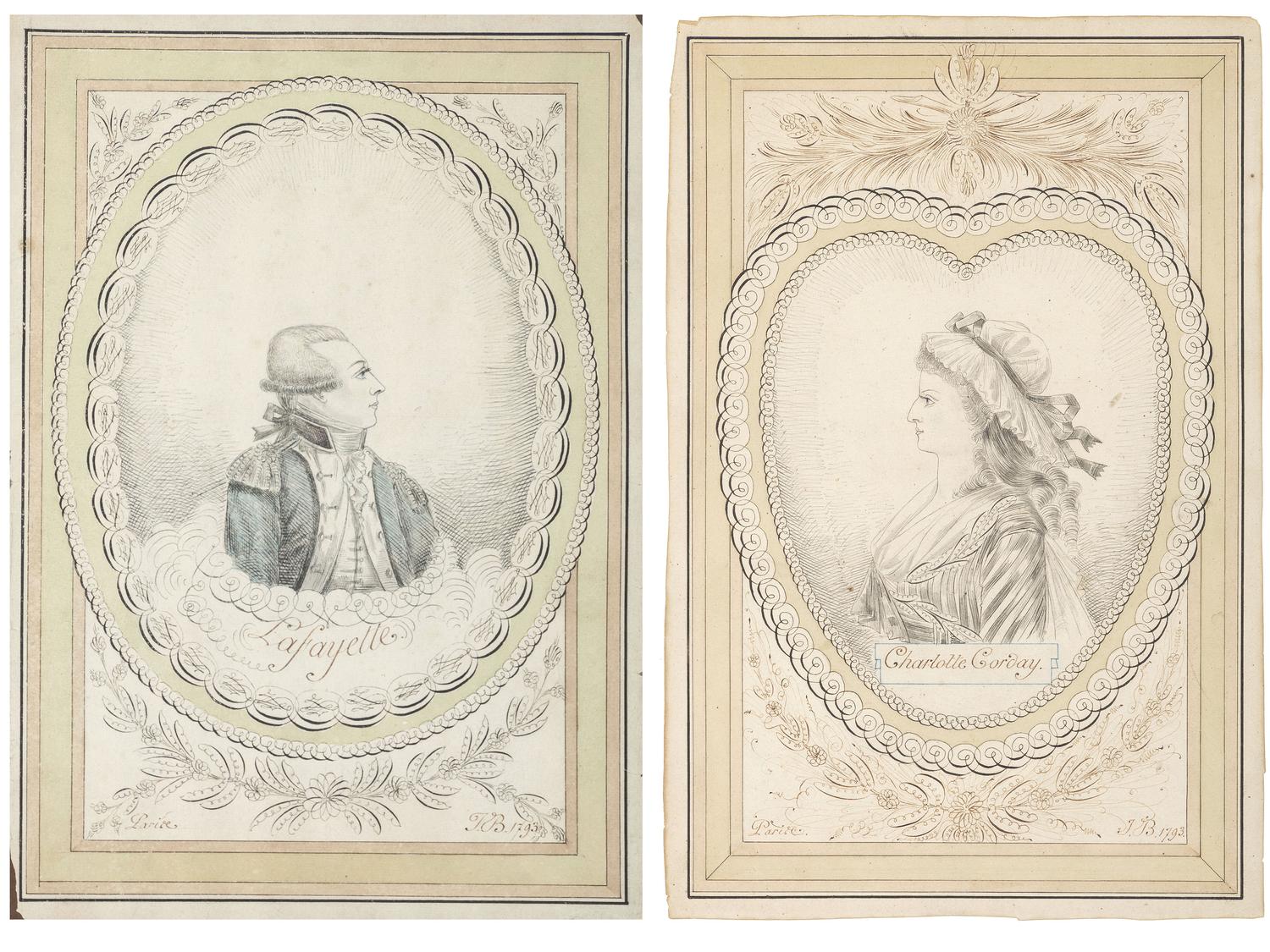 [REVOLUTIONARY WAR]. Ink and watercolor portraits of Marquis de LAFAYETTE and Charlotte CORDAY.