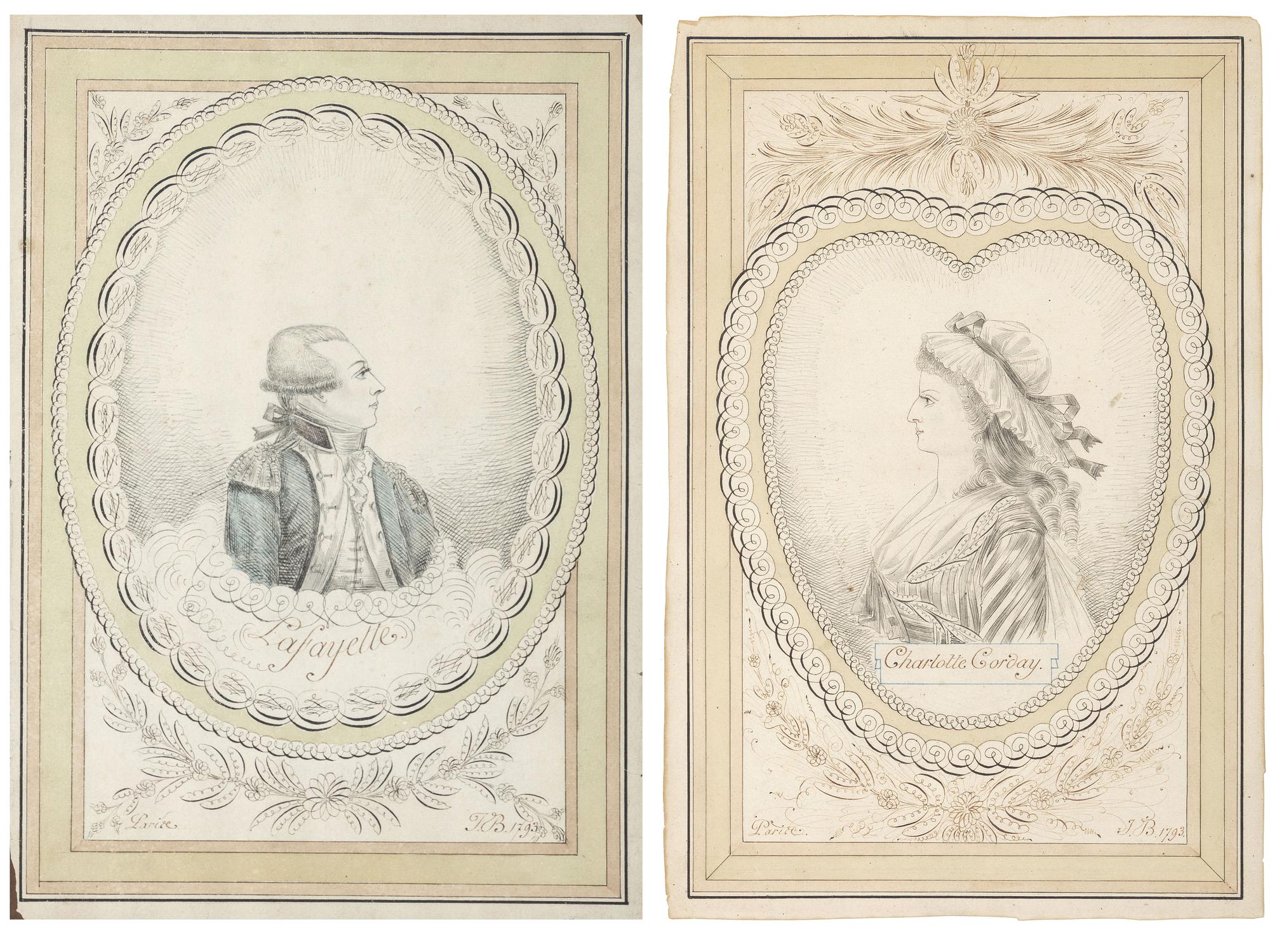 [REVOLUTIONARY WAR]. Ink and watercolor portraits of Marquis de LAFAYETTE and Charlotte CORDAY.