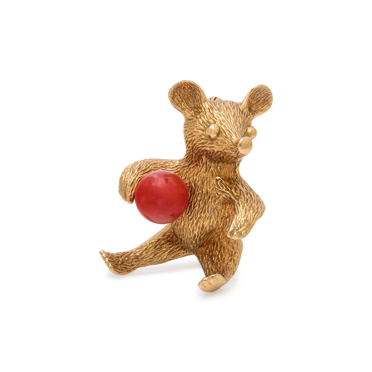 YELLOW GOLD AND CORAL BEAR BROOCH