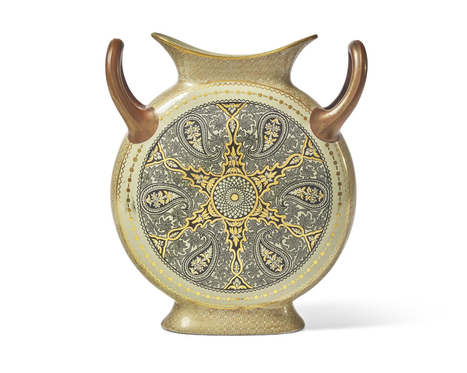 A Wedgwood Glazed Earthenware Moon Flask in the Manner of Christopher Dresser