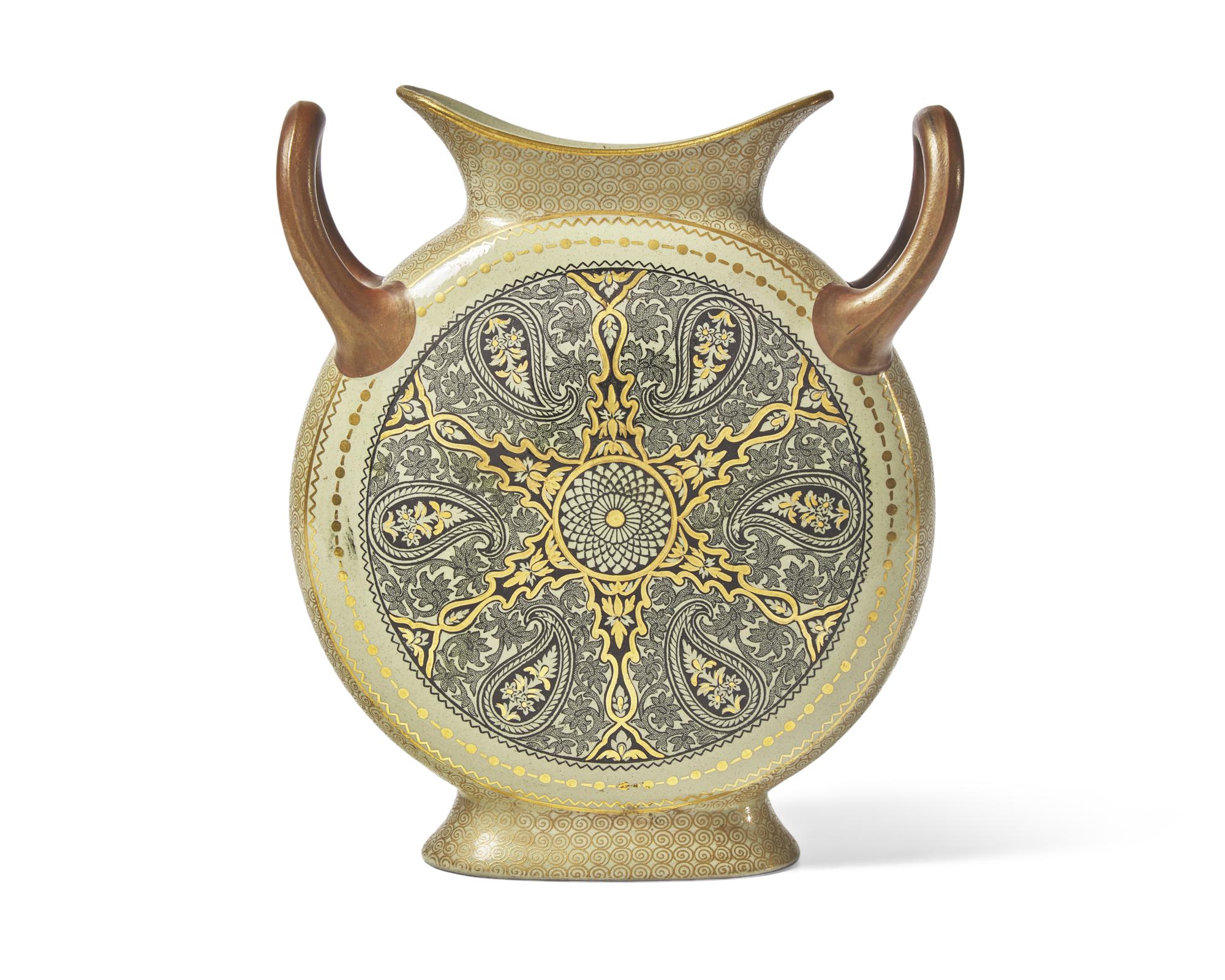 A Wedgwood Glazed Earthenware Moon Flask in the Manner of Christopher Dresser