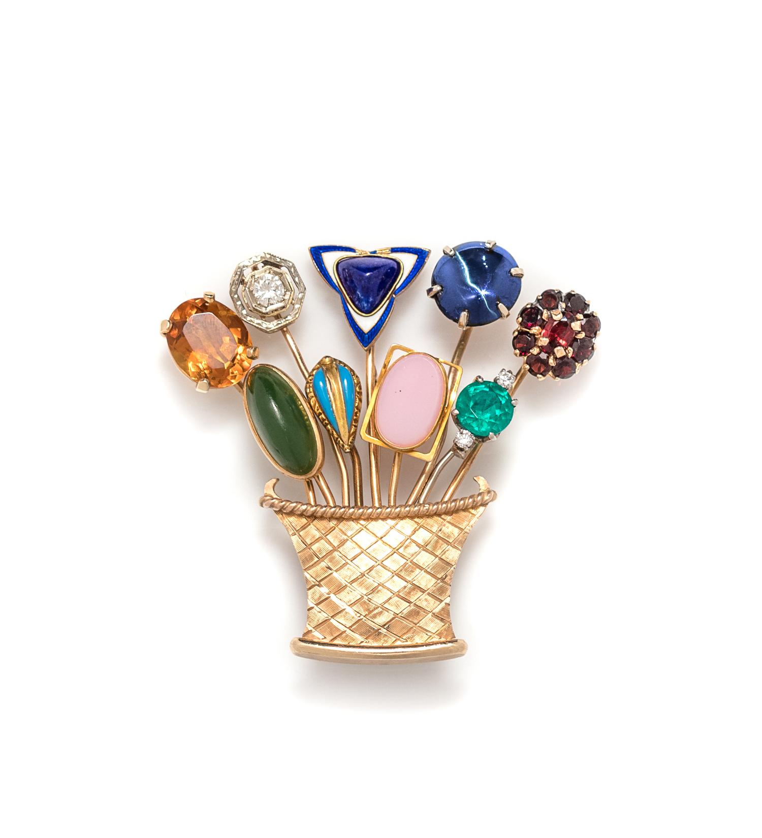 A Yellow Gold, Diamond, Enamel and Multigem Flower Basket Stick Pin Brooch,
