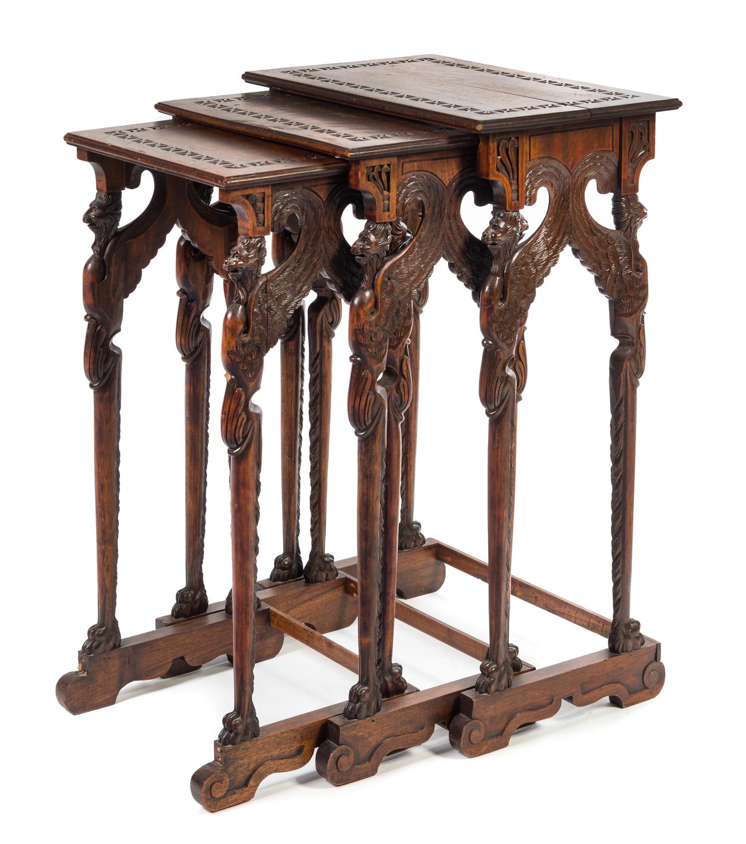 A Set of Three Neoclassical Style Mahogany Nesting Tables Height of largest 29 1/4 x width 19 3/8 x depth 12 3/8 inches. — 20TH CENTURY